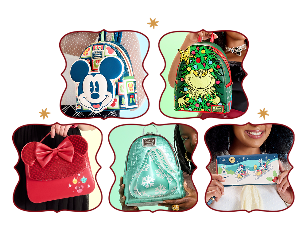 Collage with Dark Red borders and holiday starts showcasing Loungefly Holiday collection