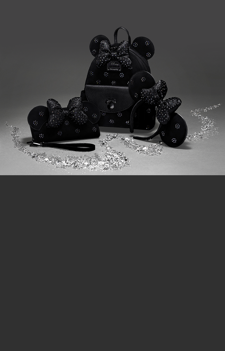 Dark product background with Swarovski crystals featuring exclusive Limited Edition Loungefly Disney Minnie Mouse Swarovski collection