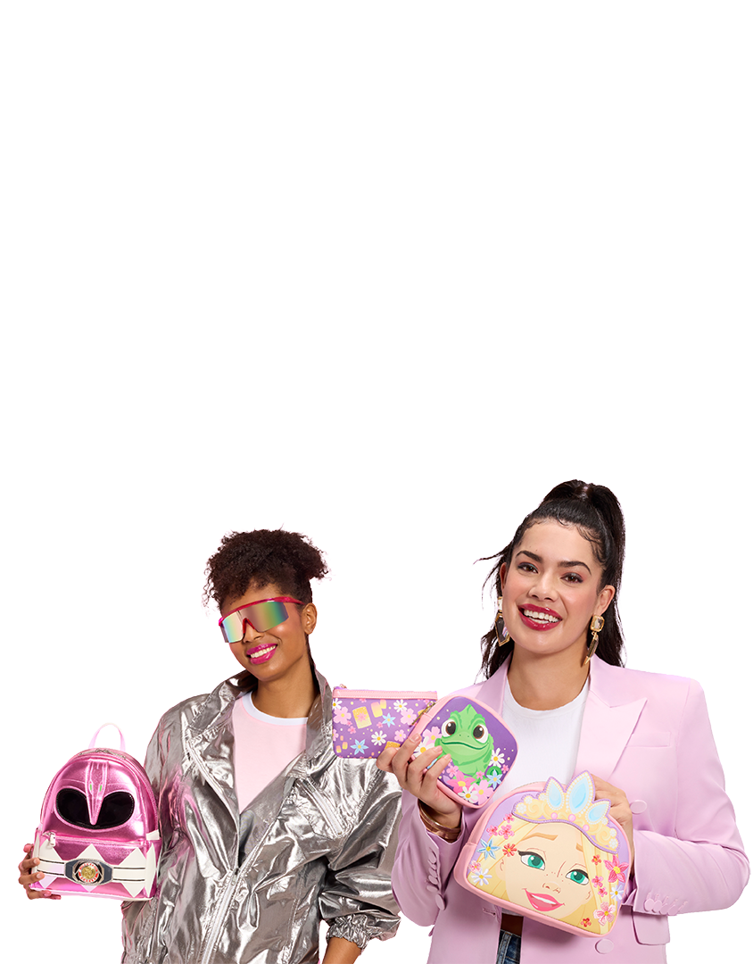 Lifestyle images of models showcasing Loungefly Power Rangers and Tangled styles with White text