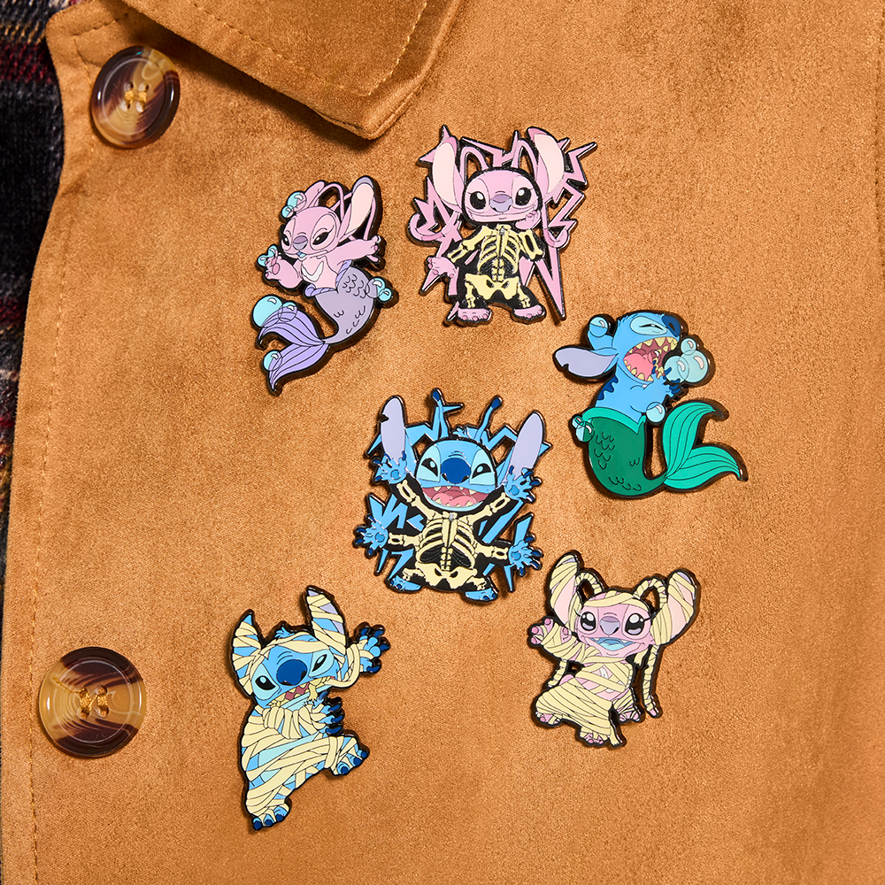 Close-up of Orange apparel featuring Loungefly Disney Lilo & Stitch Halloween enamel pins