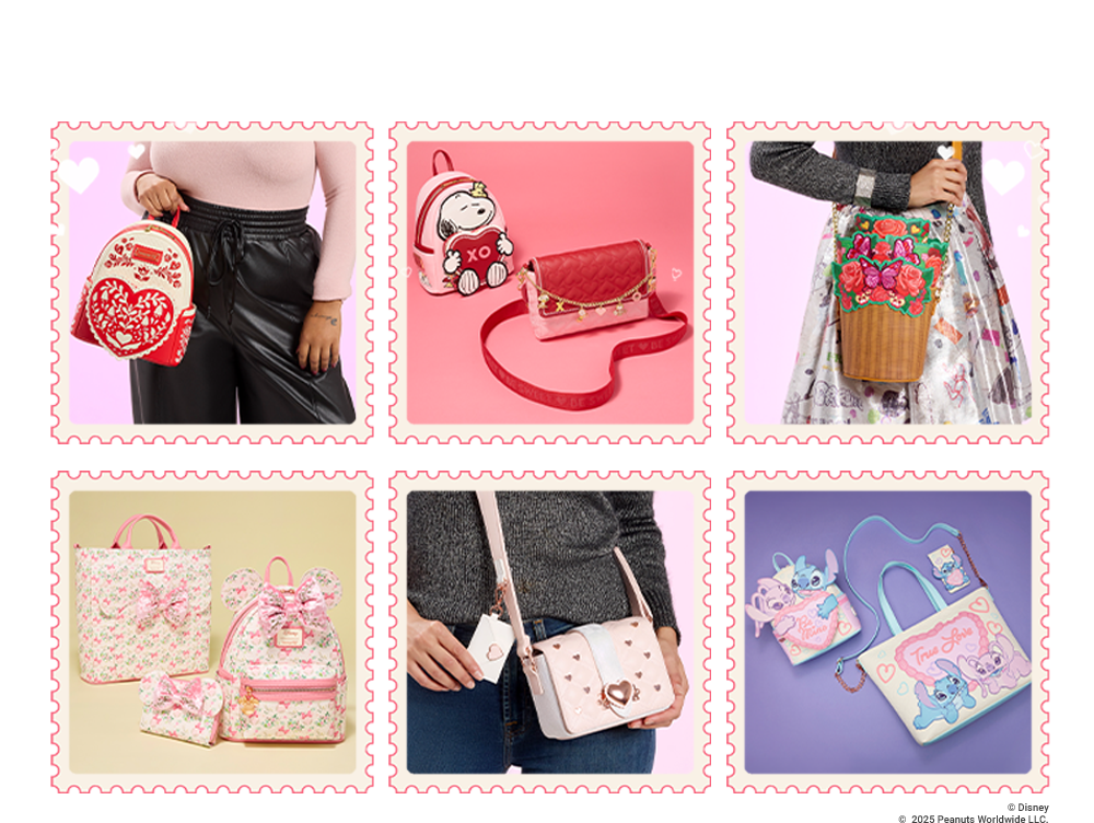 Collage with pink stamp borders featuring Loungefly Valentine's Day styles inspired by Peanuts, Minnie Mouse, and more!