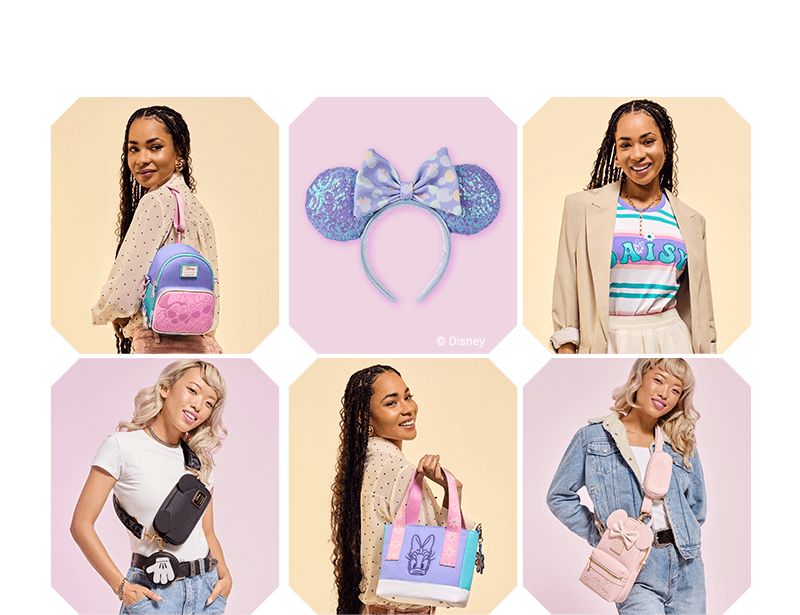 Collage of models showcasing Loungefly March Mickey & Friends collection