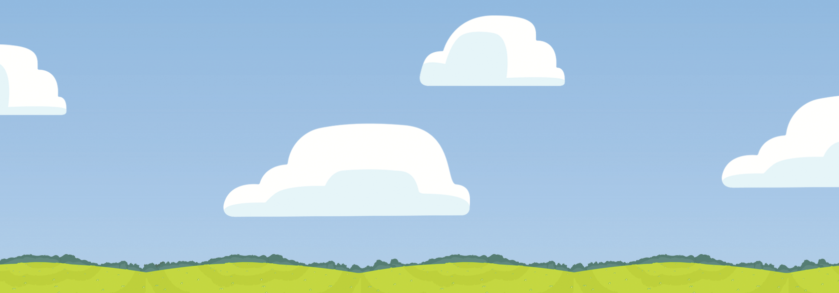 Cartoon Blue sky background with clouds and rolling Green hills