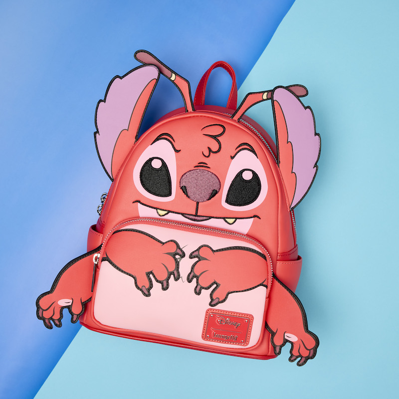 Loungefly Disney Lilo and Stitch Leroy mini backpack sitting against a two-toned blue background