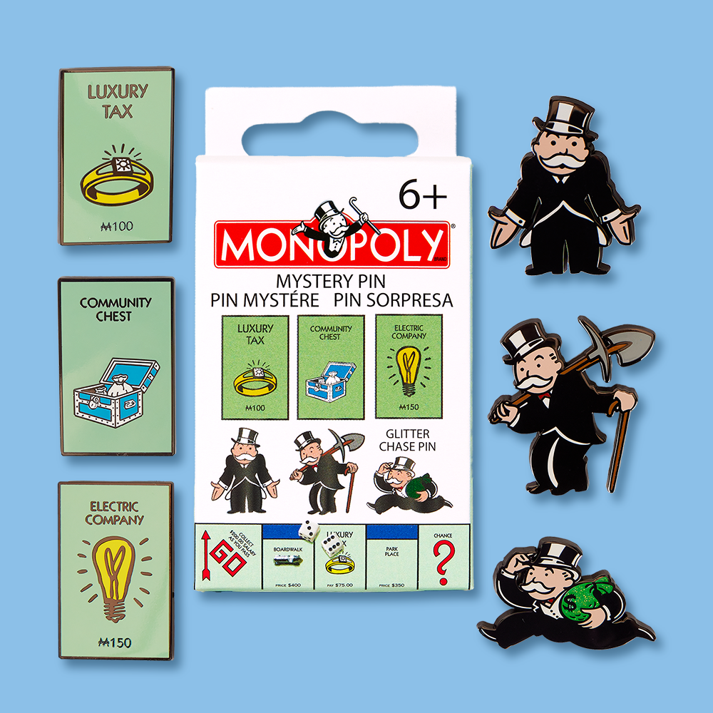 Blue background featuring Loungefly Monopoly mystery pins