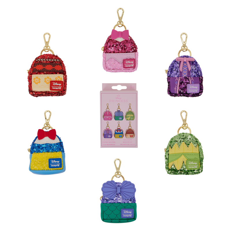 Image of all the Disney Princess Sequin Mystery Mini Backpack Keychain Charms, featuring Aurora, Rapunzel, Tiana, Ariel, Snow White, and Moana. 