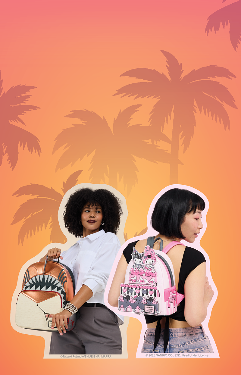 Sunset gradient background with Black palm trees featuring models showcasing Loungefy July Sanrio and Chainsaw Man collections