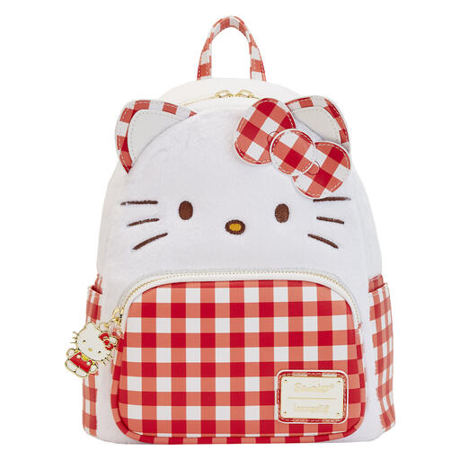 Hello Kitty backpack with a gingham pattern on the front pocket, side pockets, her bow, and outlining her ears.