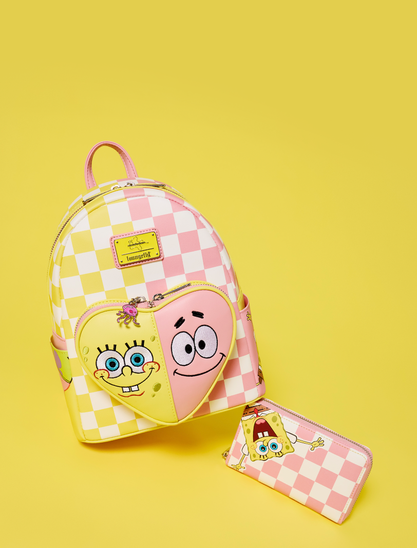 Yellow product background featuring Loungefly Nickelodeon Spongebob Squarepants mini backpack