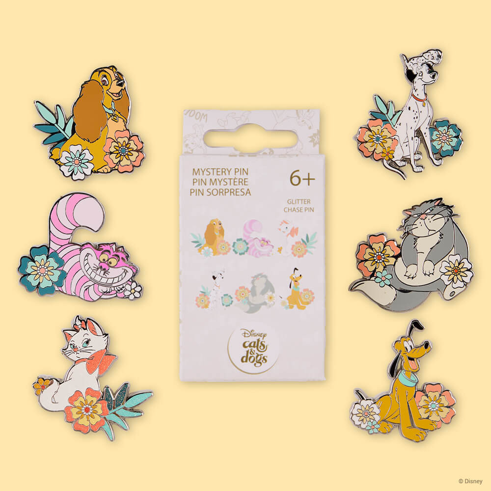 Tan background featuring Loungefly Disney Cats & Dogs mystery pins