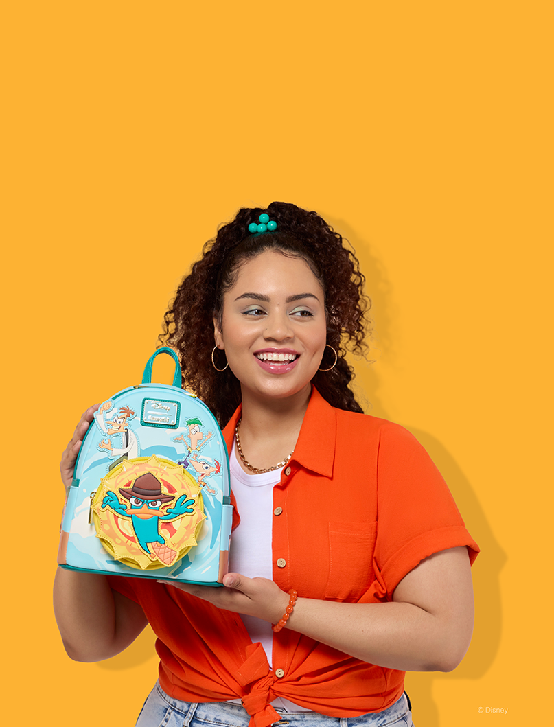 Orange background with model showcsaing Loungefly Disney Phineas & Ferb mini backpack