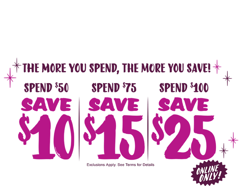 Pink text for Loungefly's Spend & Save promotion, Spend more to save more!