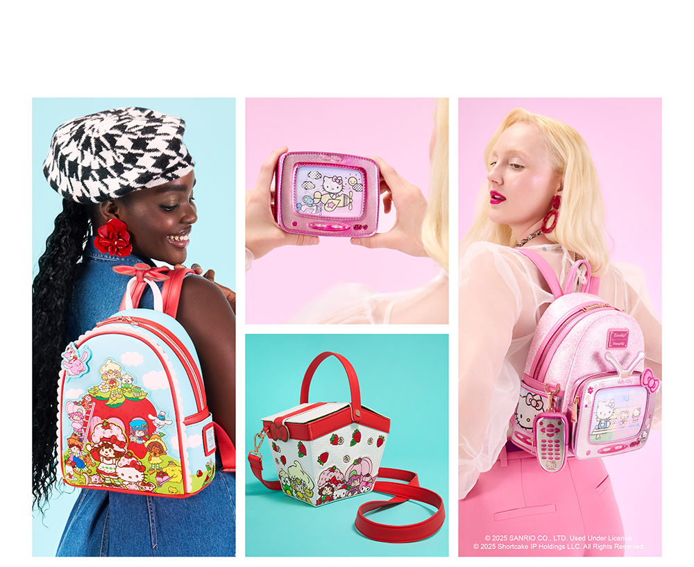 Collage of new Loungefly Sanrio products featuring a collaboration with Strawberry Shortcake