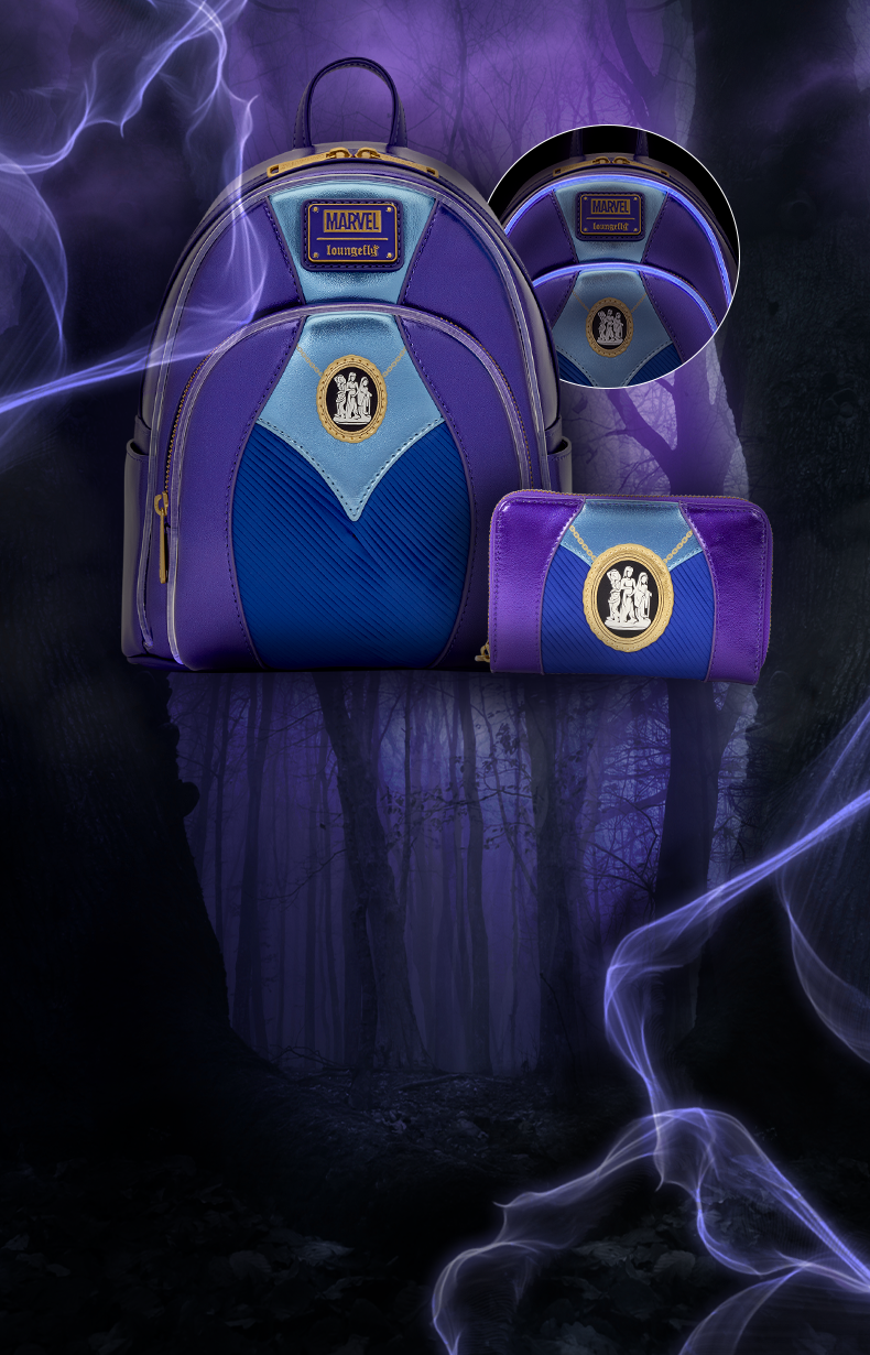 Spooky forest background with Deep Purple hues featuring Loungefly Marvel Agatha All Along collection