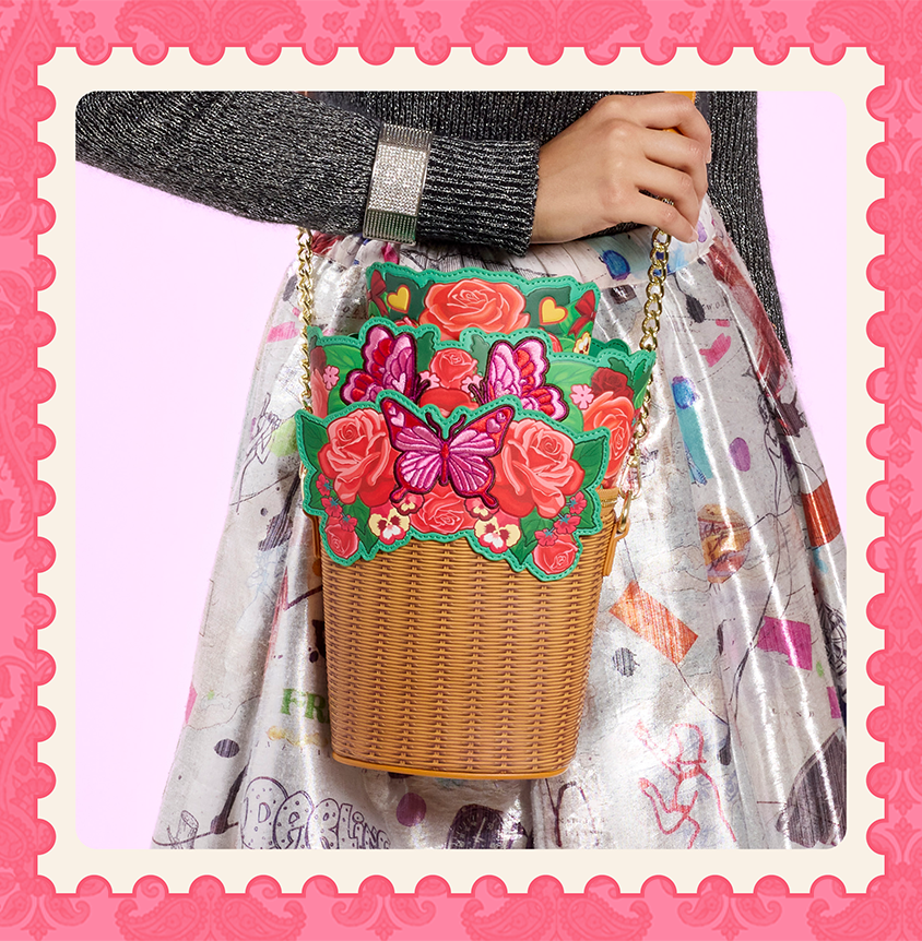 Pink background featuring Loungefly Branded Valentine's Day collection with postcard stamp border