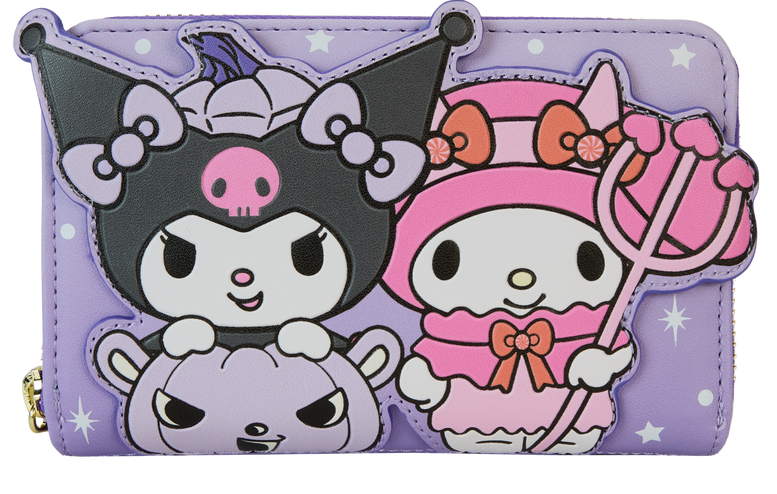 Loungefly Sanrio zip around wallet featuring Kuromi and My Melody on the front. Kuromi pops up from a purple jack-o'-lantern and My Melody holds a pink pitchfork. The wallet stands against a white background. 