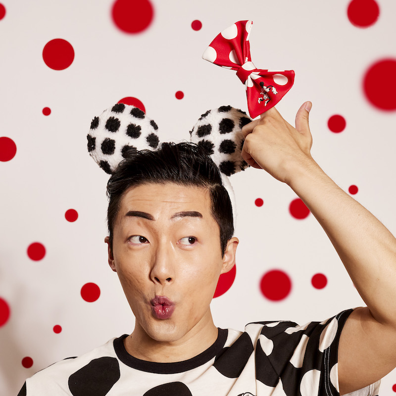 Image of man wearing the Minnie Mouse Rocks the Dots Classic Sherpa Ear Headband with the bow removed 