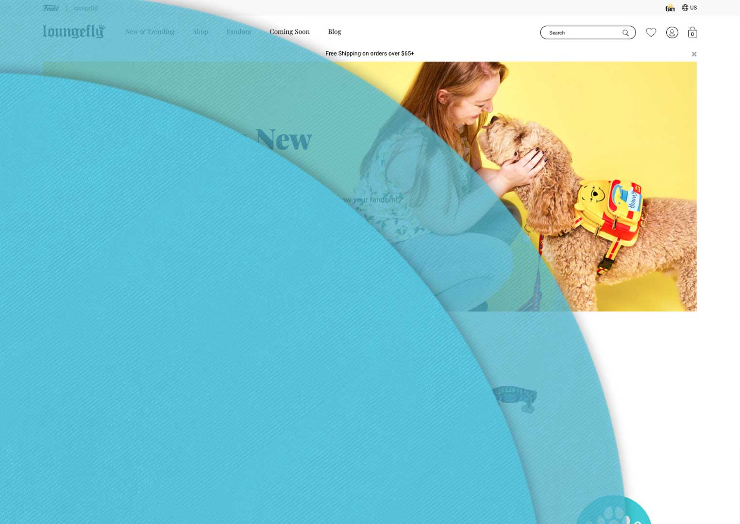 Blue circles overlaying Loungefly Pet Accessories landing page. Click to learn more!