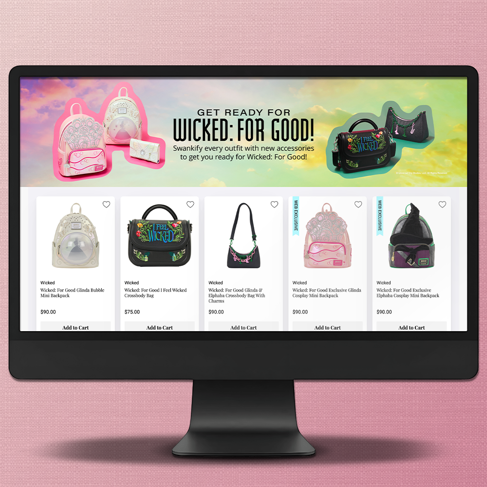Pink background with Black computer screen with screen grab of Loungefly Seasonal Fashion landing page