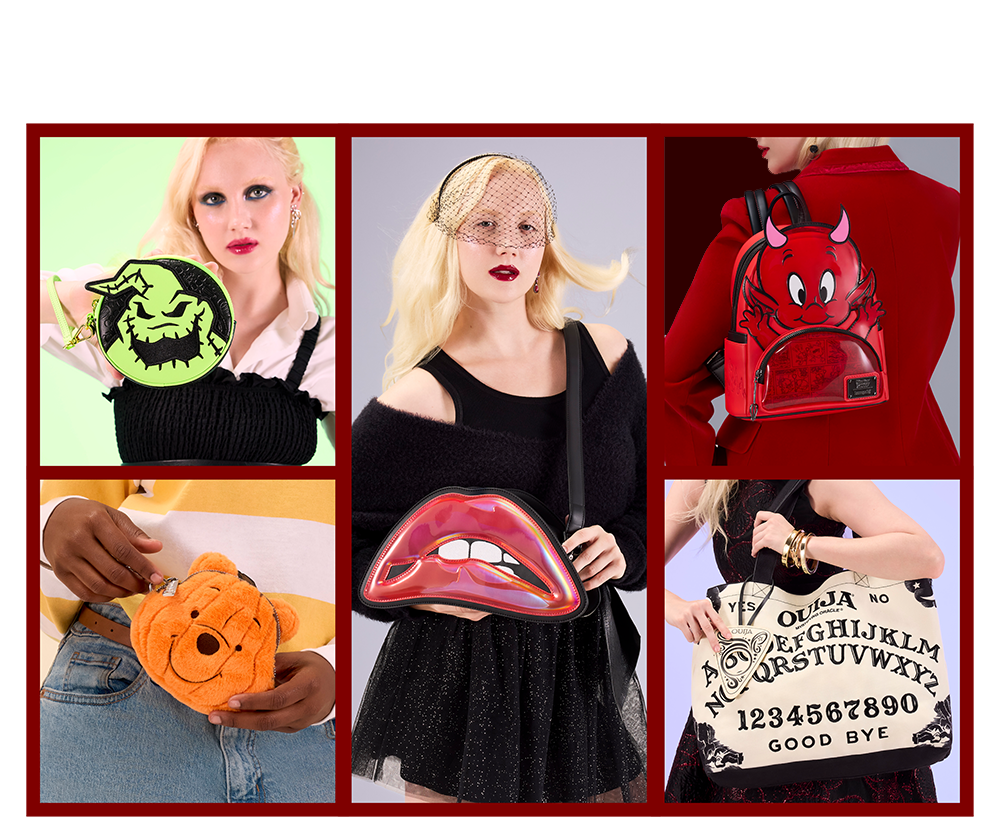 Maroon collage with models showcasing Loungefly September Halloween collection featuring styles inspired by Disney, Casper the Friendly Ghost, Rocky Horror Picture Show and Hasbro
