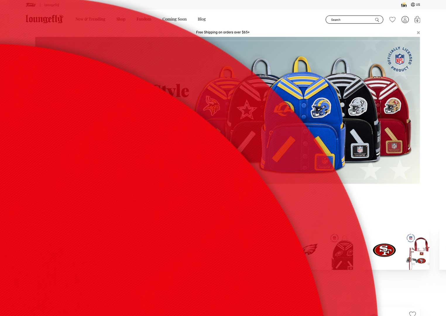 Red circles overlaying Loungefly NFL landing page. Click to learn more!