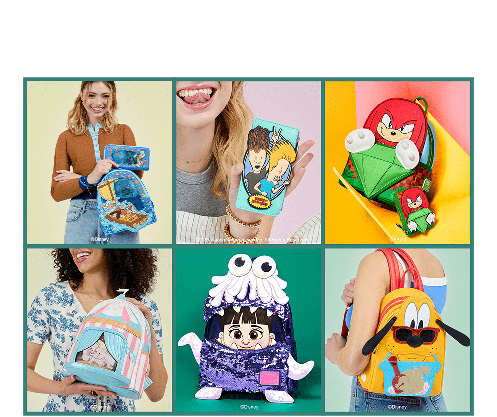 Loungefly May Exclusives featuring Demon Slayer, Beavis and Butthead, Sonic the Hedgehog, Dumbo, Monsters Inc, and Disney's Pluto