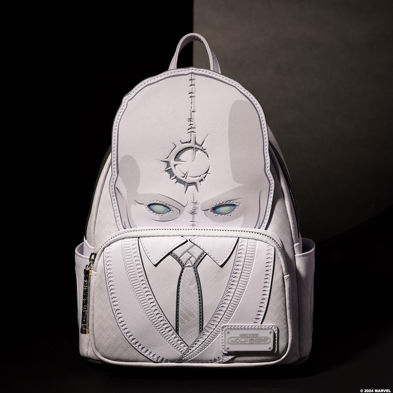 Loungefly mini backpack featuring an appliqué of Marvel's Mr. Knight from Moon Knight sitting against a dark background. 