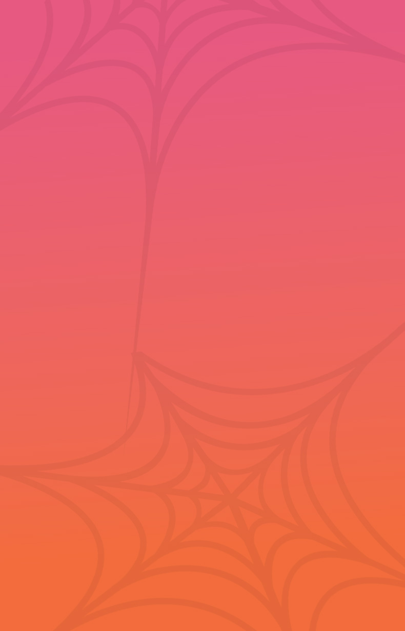 Pink to Orange gradient background with faint cobweb overlay