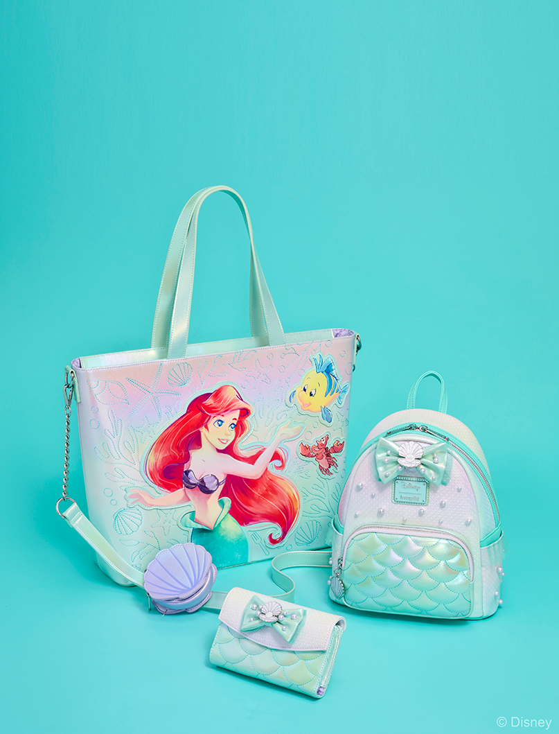 Teal product background featuring Loungefly Disney The Little Mermaid collection