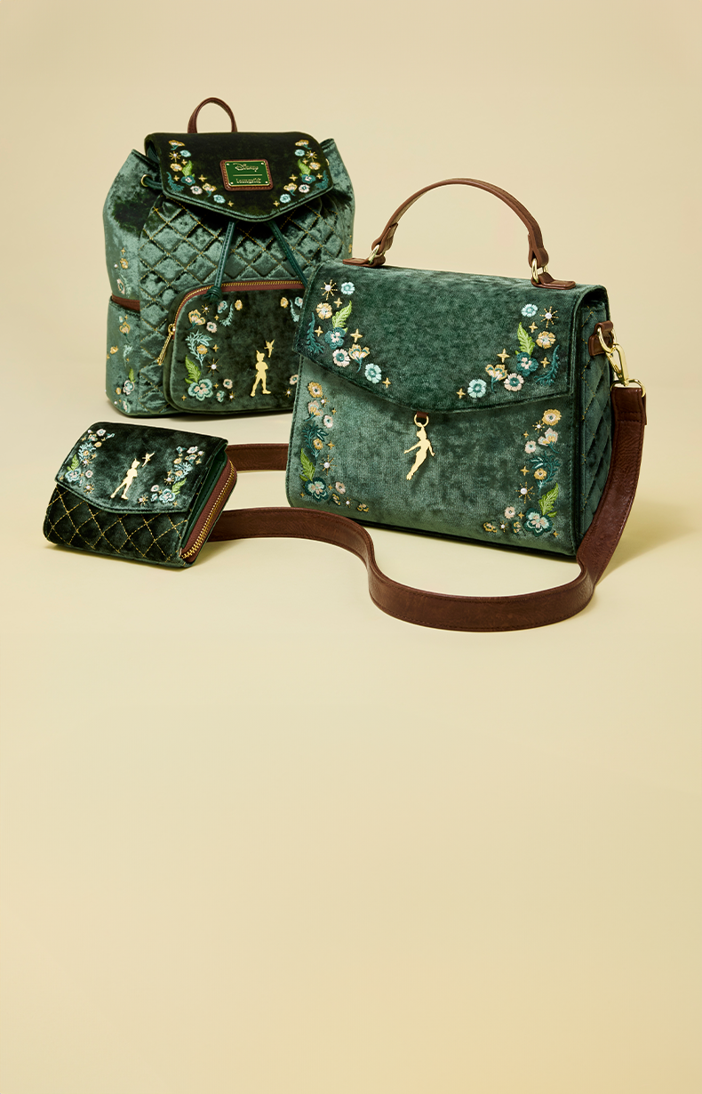 Olive Green background with Loungefly Disney Peter Pan Exclusive collection