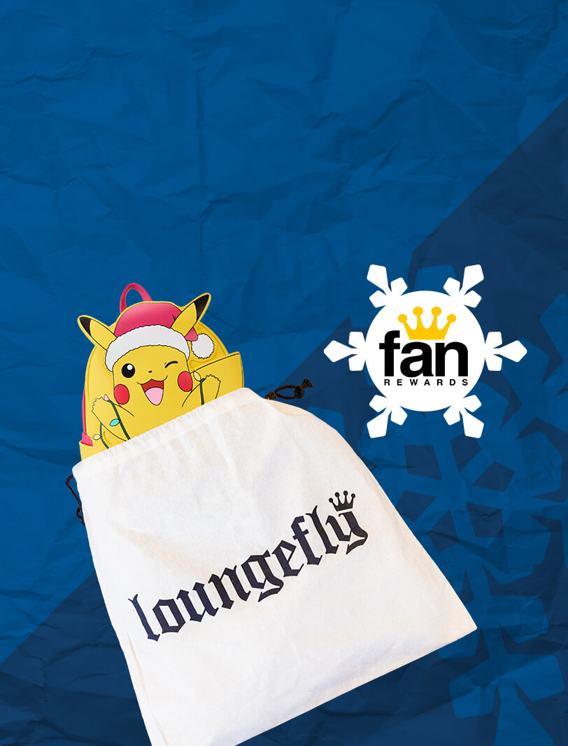 Dark Blue crumpled paper texture background with holiday stars and snowflake motif featuring Pokemon Holiday Pikachu mini backpack in Loungefly Dust Bag