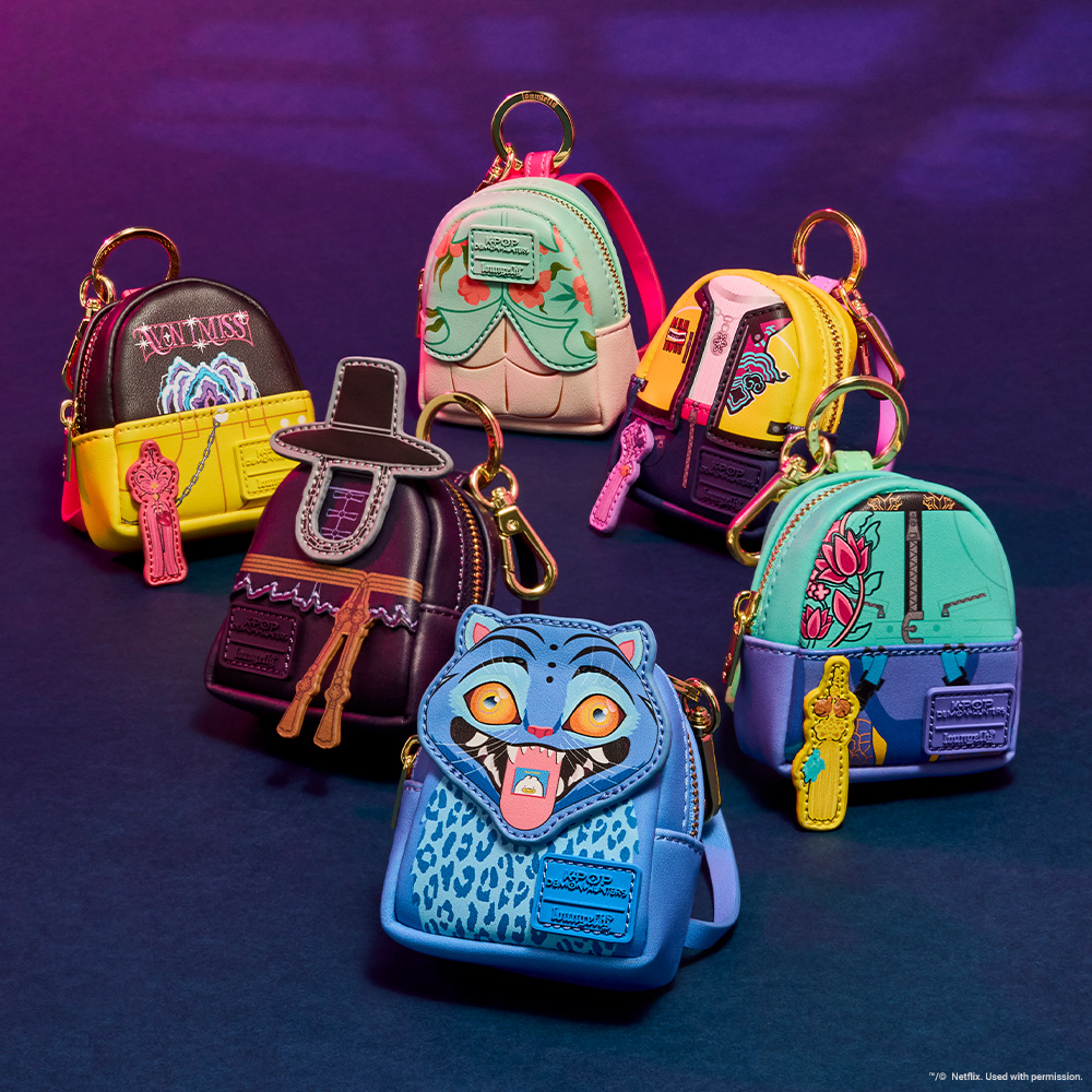 Dark Purple and Blue background featuring Loungefly Netflix KPop Demon Hunters Mystery Mini Backpack Keychains