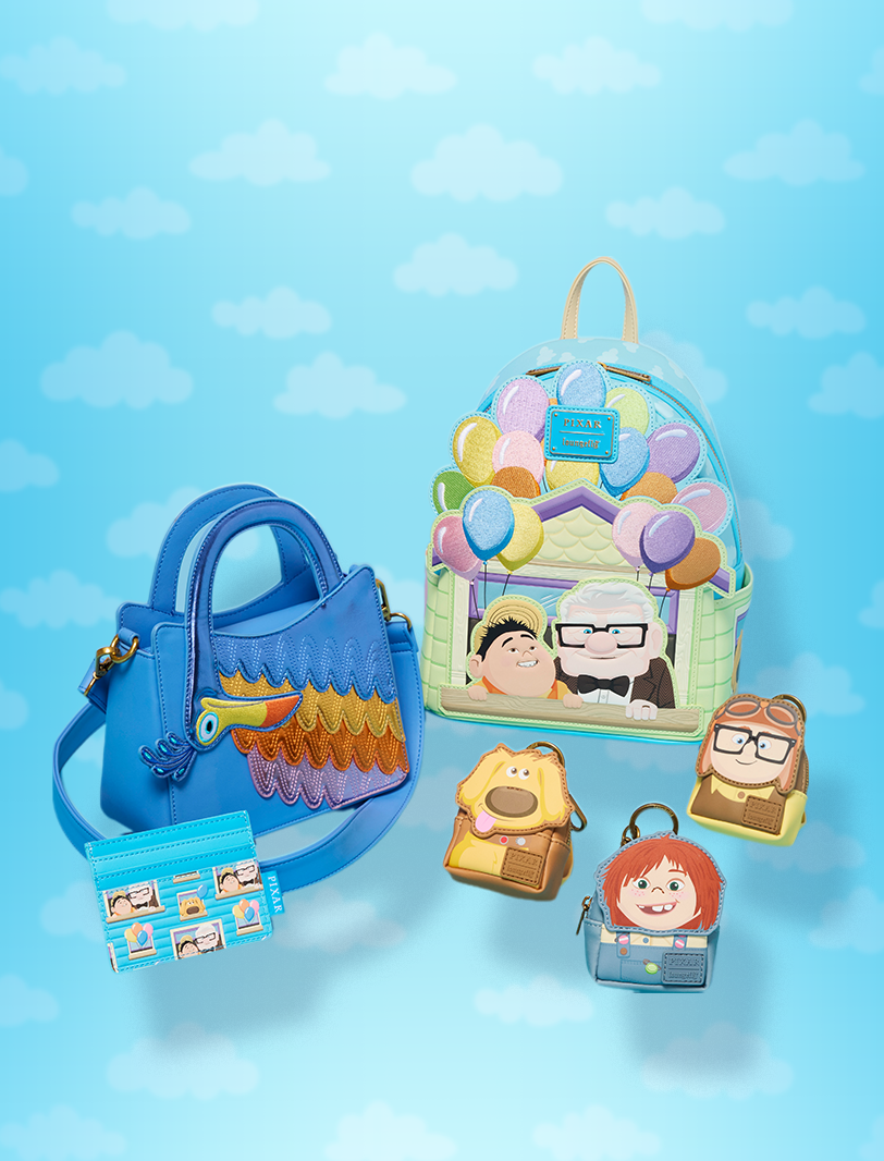 Soft Blue sky background with White clouds featuring Loungefly Disney Pixar UP collection