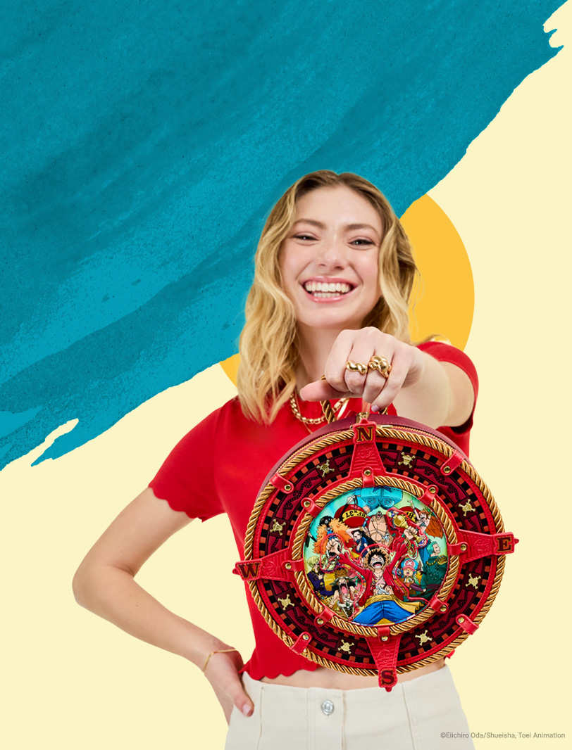 Teal Yellow background with model featuring Loungefly One Piece Compass backpack