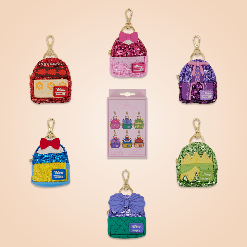 Tan background featuring Loungefly Disney Minnie Mouse Sequin Mystery Bag Charms