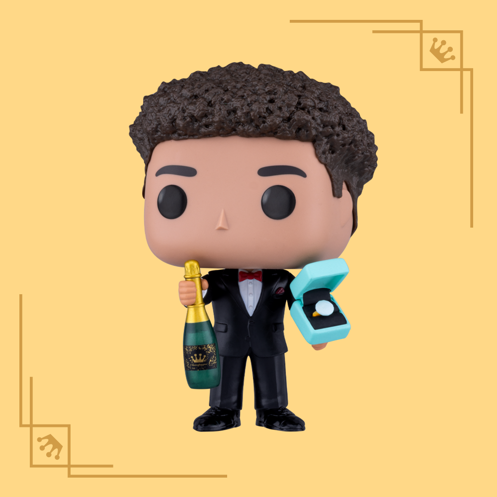 Tan background with custom Funko POP! in a suit and holding a champagne bottle and engagement ring