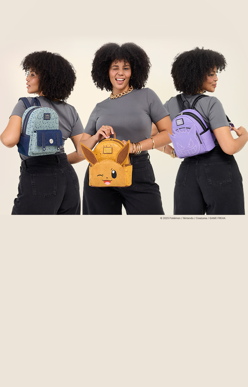 Tan background with model showcasing Loungefly July Pokémon collection