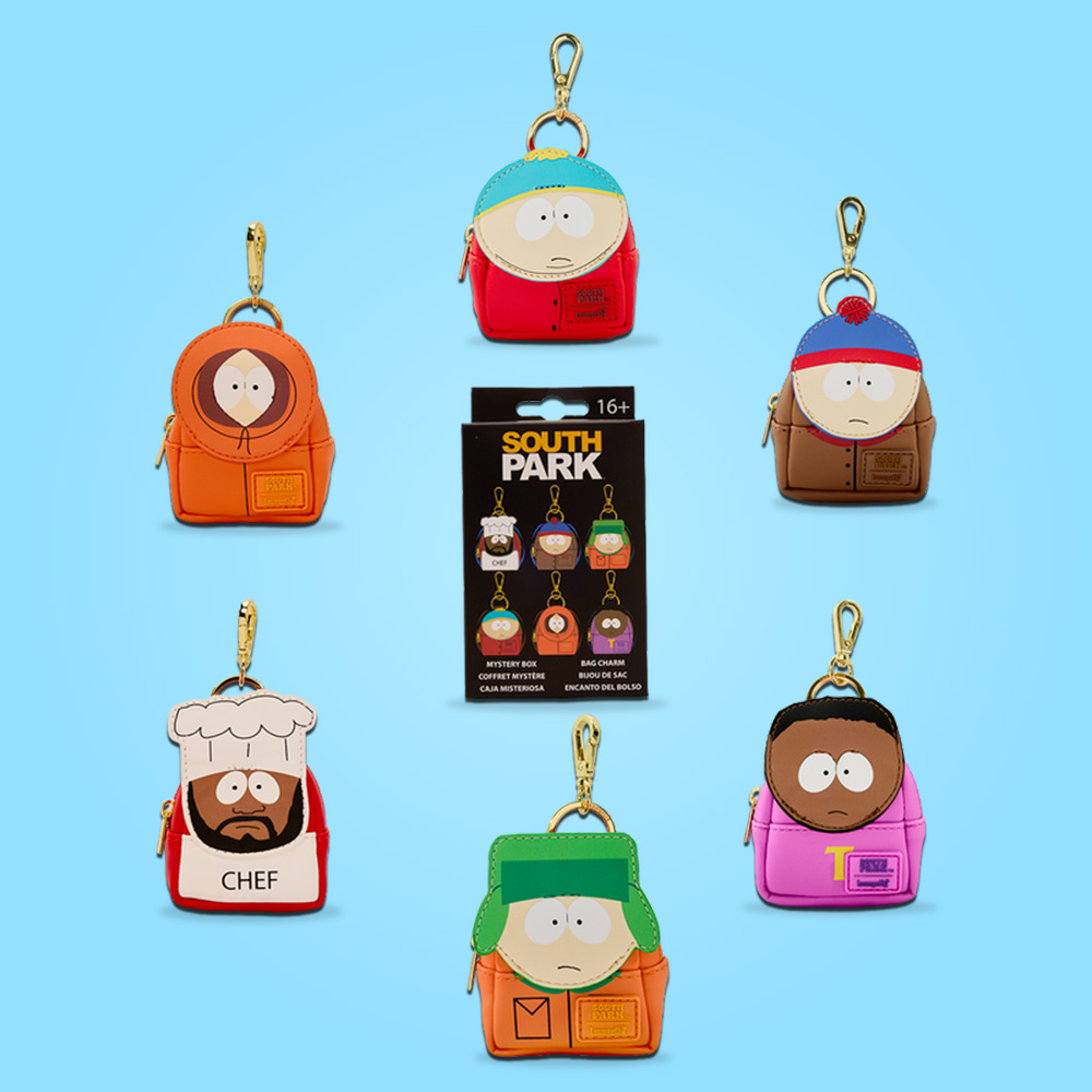 Blue background featuring Loungefly South Park Mystery Keychains