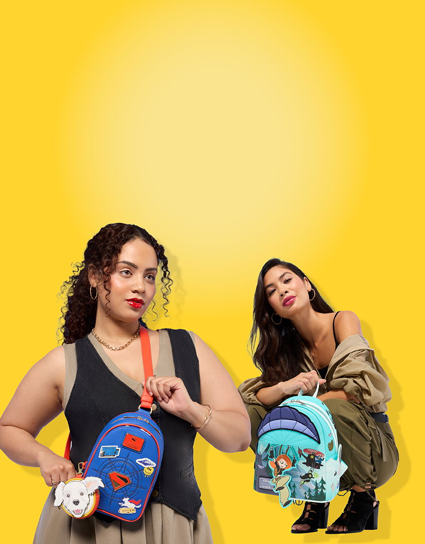 Yellow radial background with models showcasing Loungefly Summer Fun collection