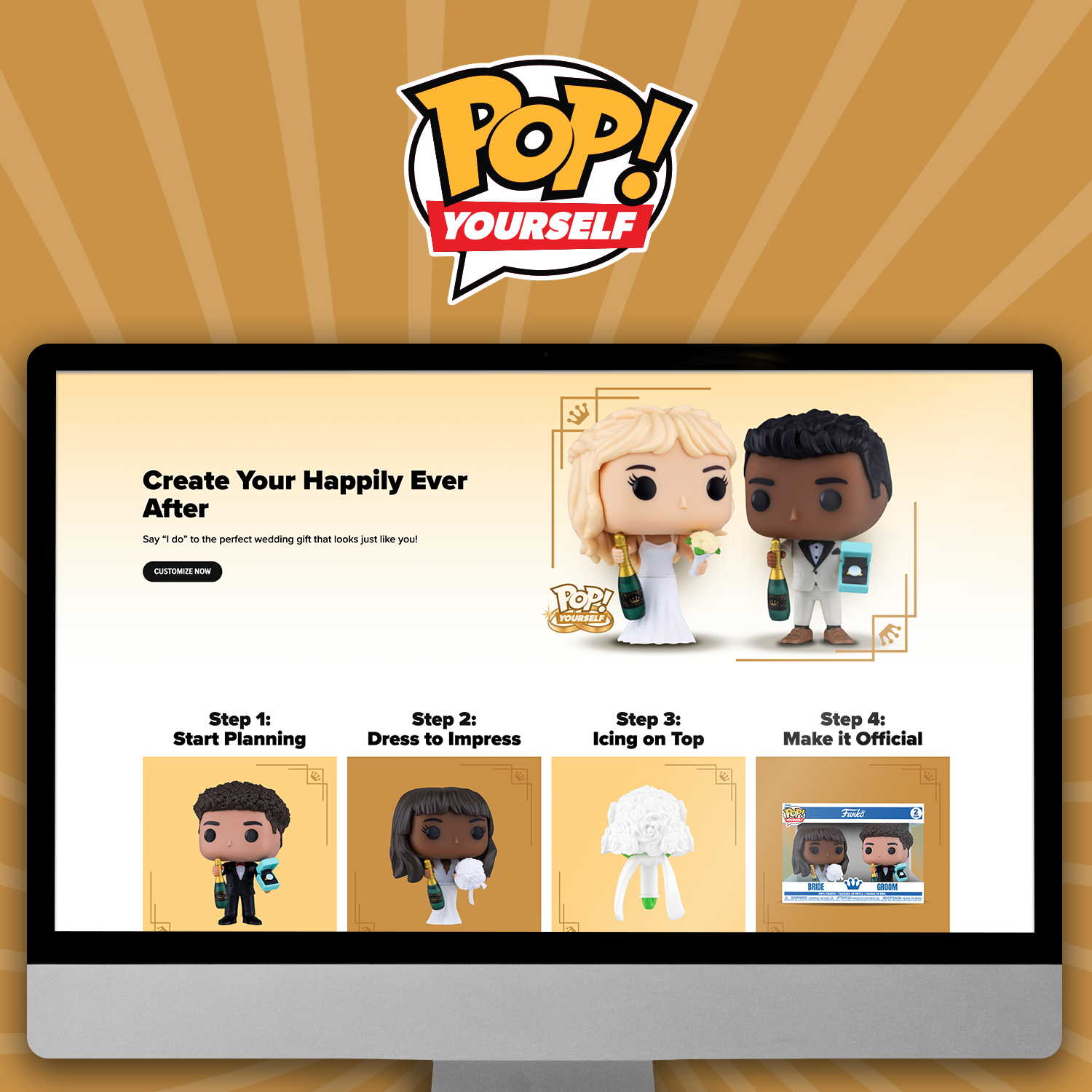 Brown swirl background with computer screen showcasing Funko POP! Yourself Weddings. Click to learn more about custom POP!s