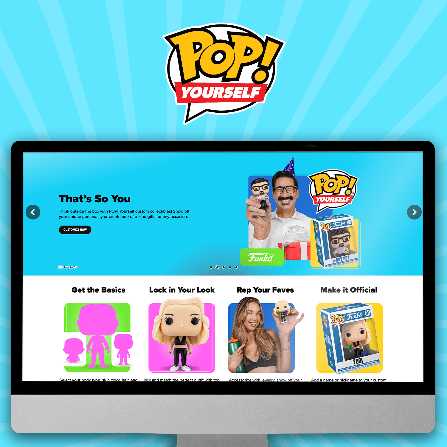 Baby Blue swirl background with computer screen showcasing Funko POP! Yourself. Click to learn more about custom POP!s