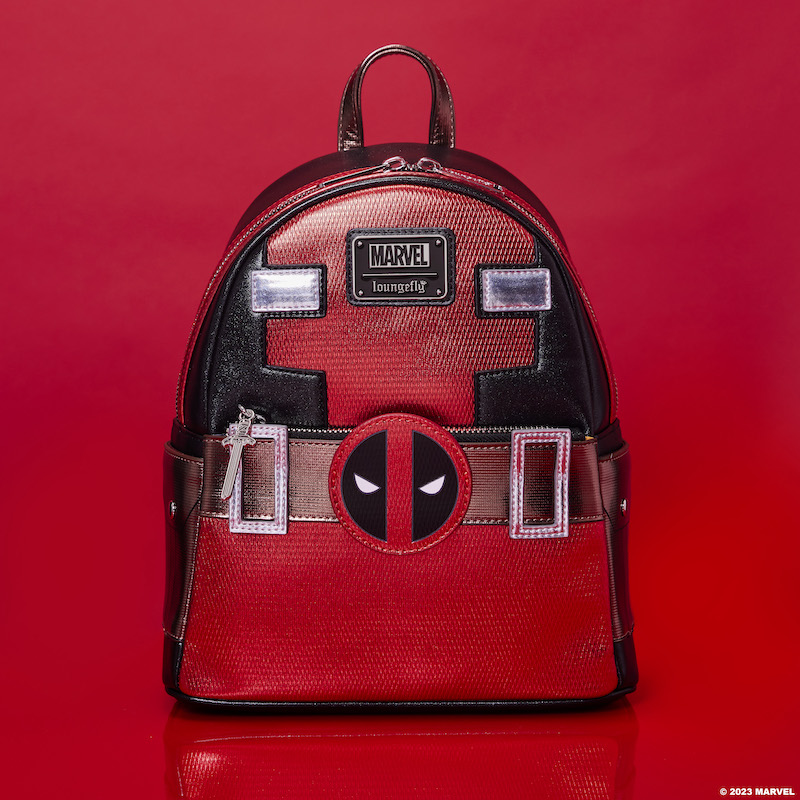 Image of our Loungefly Marvel Metallic Deadpool Mini Backpack against a red background 