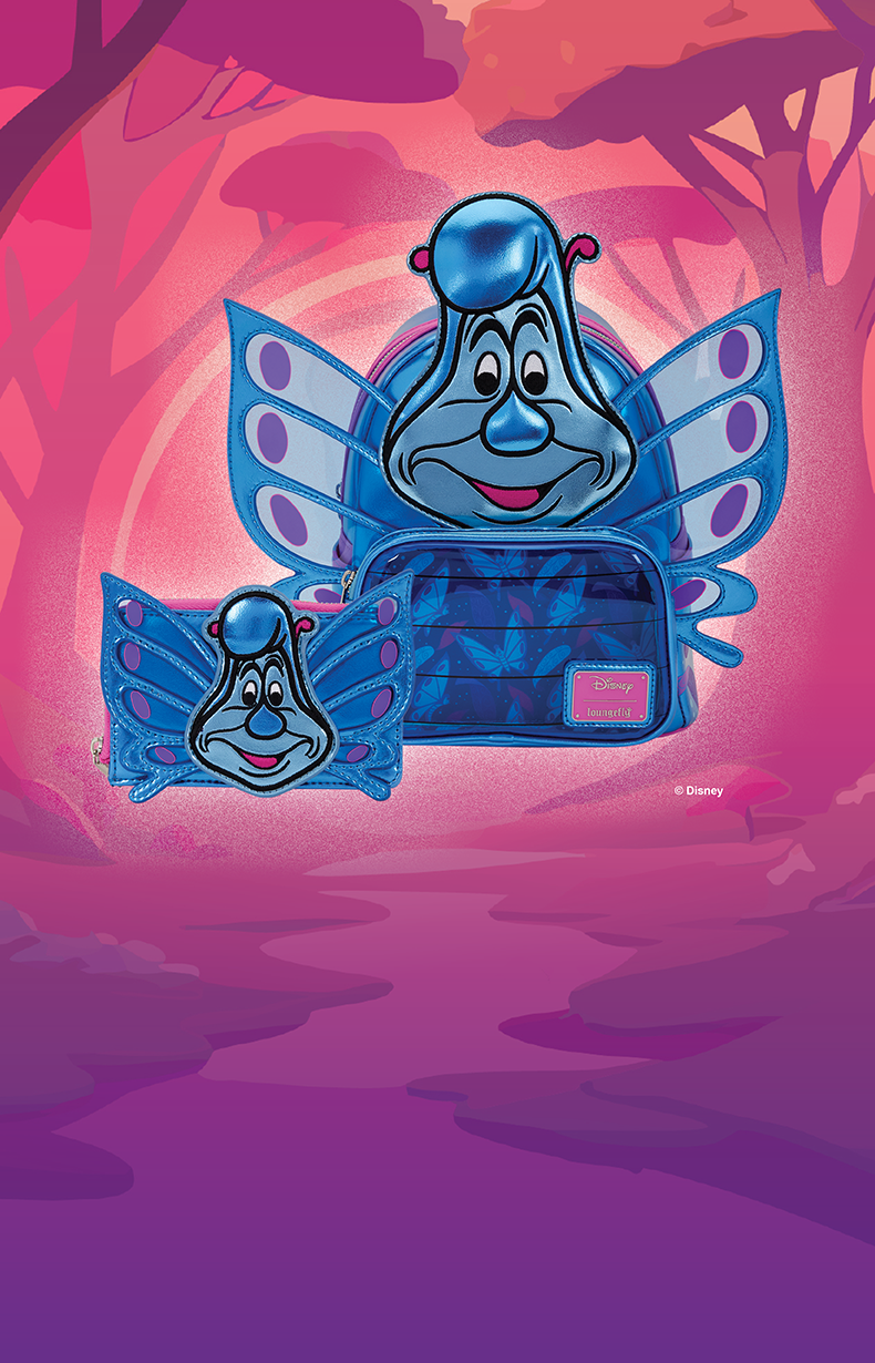 Purple to Pink gradient background with fantasy background featuring Loungefly Disney Alice in Wonderland Caterpillar Exclusives