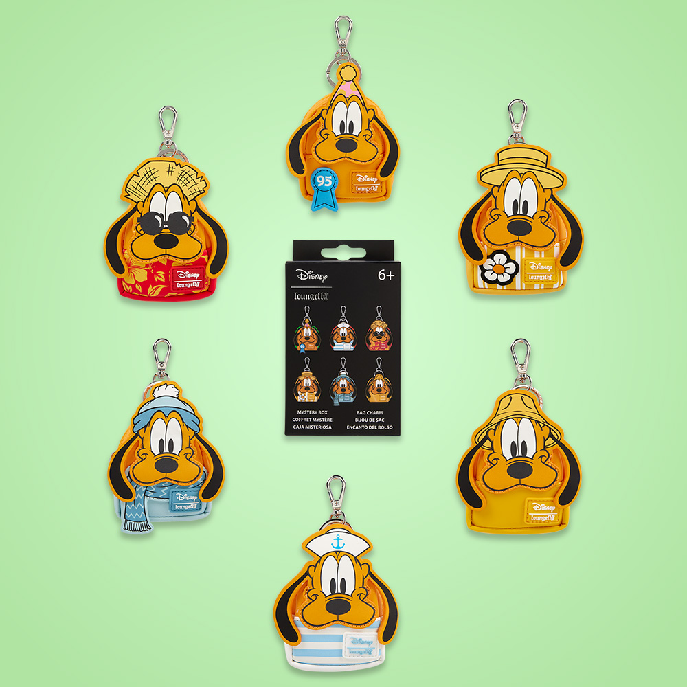 Green background featuring Disney Pluto 95th Anniversary Mystery Mini Backpack Keychains