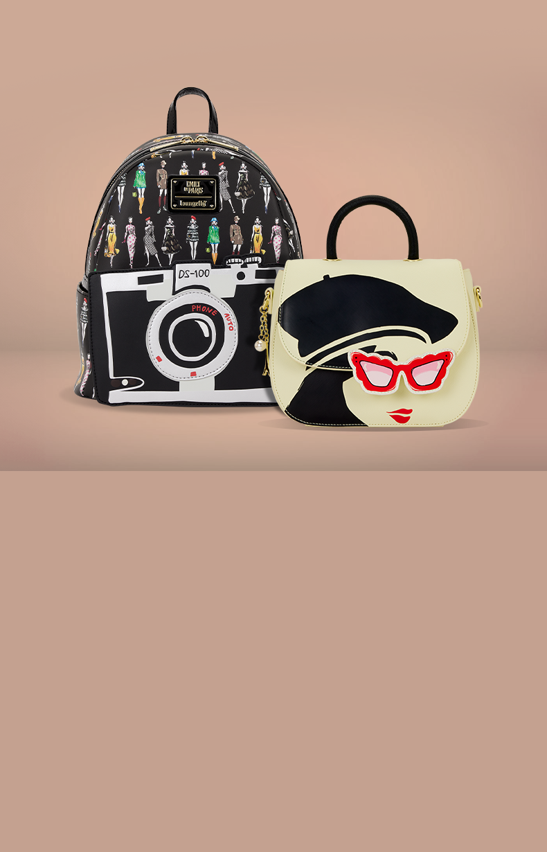 Beige and Tan product background featuring Exclusive Loungefly Emily in Paris collection