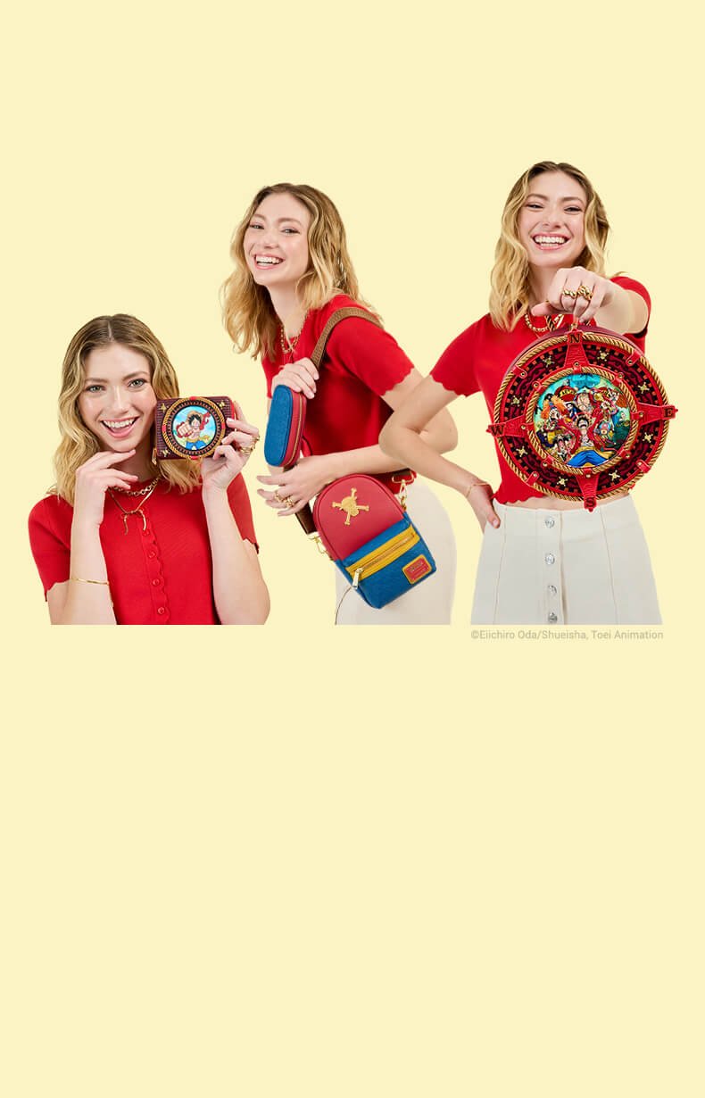 Yellow background with model showcasing Loungefly May One Piece collection