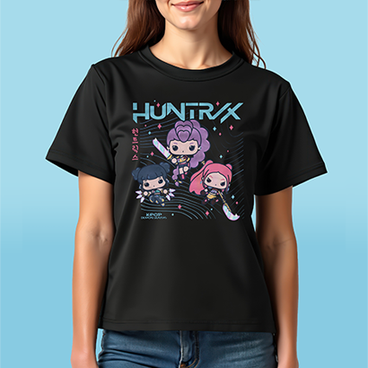 Blue background with stock model wearing Funko KPop Demon Hunters Huntrix Tee