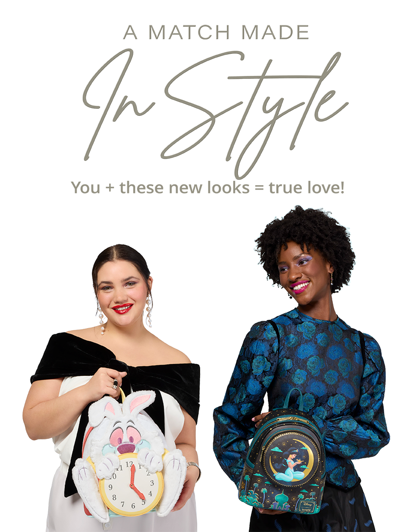 Gray text with two models showcasing Loungefly Self Love campaign styles