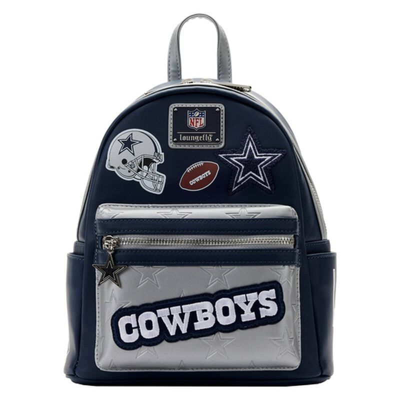 Navy blue and silver mini backpack with the logos of the Dallas Cowboys on the front