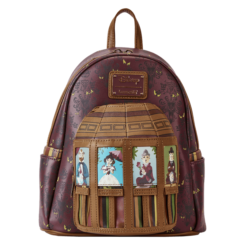 Image of our figural Haunted Mansion mini backpack against a white background, showing the moving portraits in the their unextended versions.